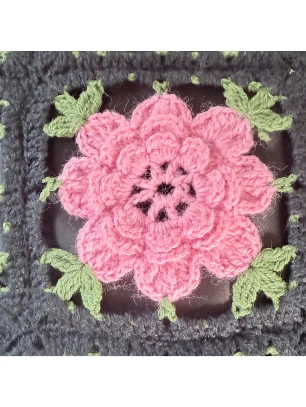 Handmade Crochet 3D Floral Granny Square Throw Pillow Purple Pink Black 16x16